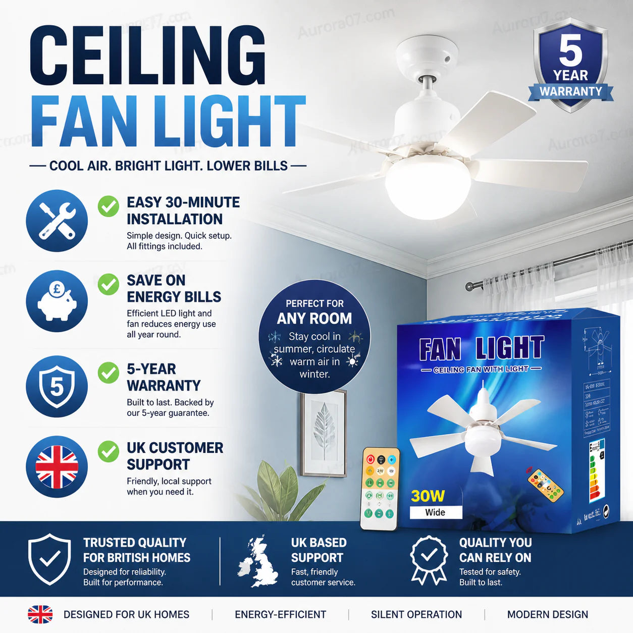 40W LED Ceiling Fan Light – 20.5” Ultra-Quiet with Remote 🎯 | E27 + FREE B22 Adapter 🔌 | For Bedroom 😴, Kitchen 👩‍🍳 & Garage 🛠️ – UK Ready! 🇬🇧