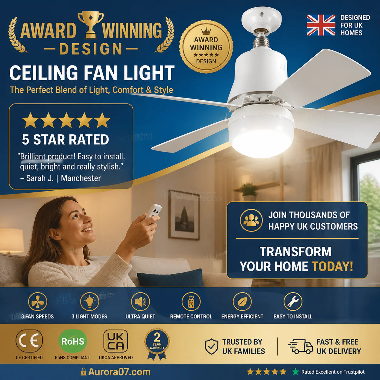 40W LED Ceiling Fan Light – 20.5” Ultra-Quiet with Remote 🎯 | E27 + FREE B22 Adapter 🔌 | For Bedroom 😴, Kitchen 👩‍🍳 & Garage 🛠️ – UK Ready! 🇬🇧