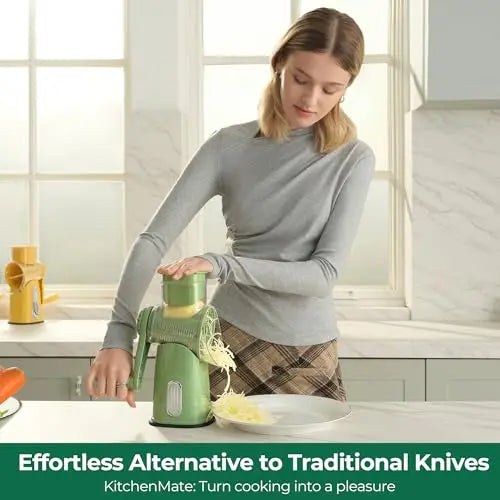 Rotating cheese grater, vegetable slicer, equipped with 5 interchangeable blades.