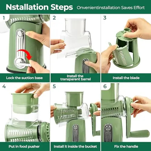 Rotating cheese grater, vegetable slicer, equipped with 5 interchangeable blades.