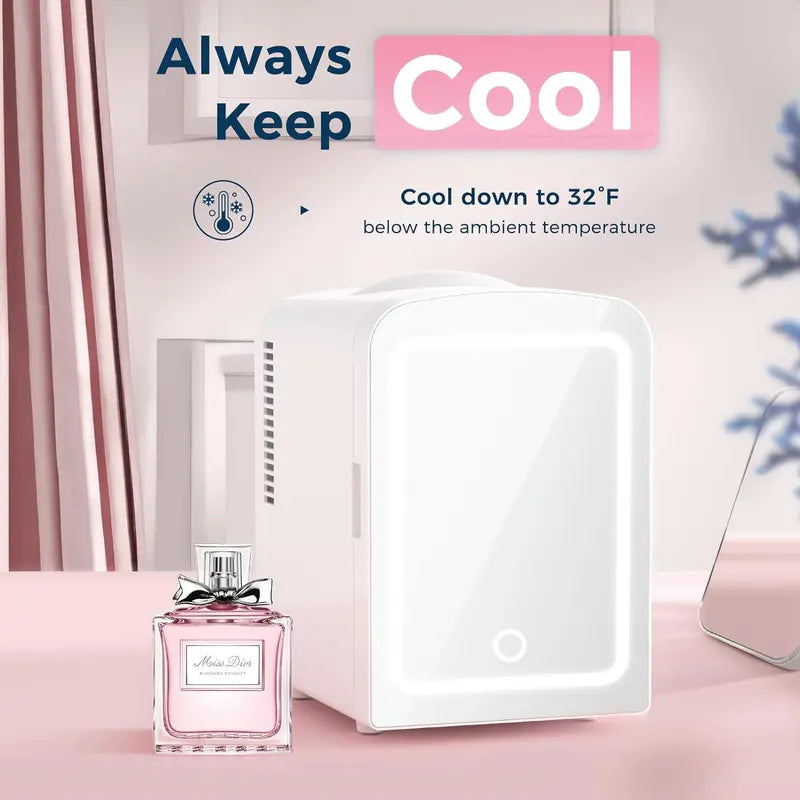 Portable Mini Makeup Fridge (with LED Mirror), 4-Liter/6-Can Capacity