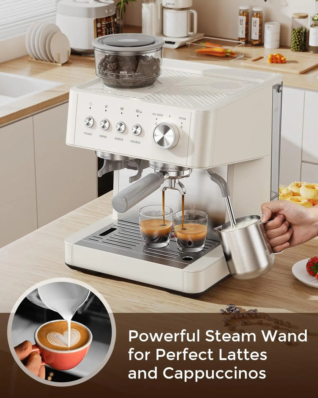 Italian espresso machine with a built-in anti-clog coffee grinder
