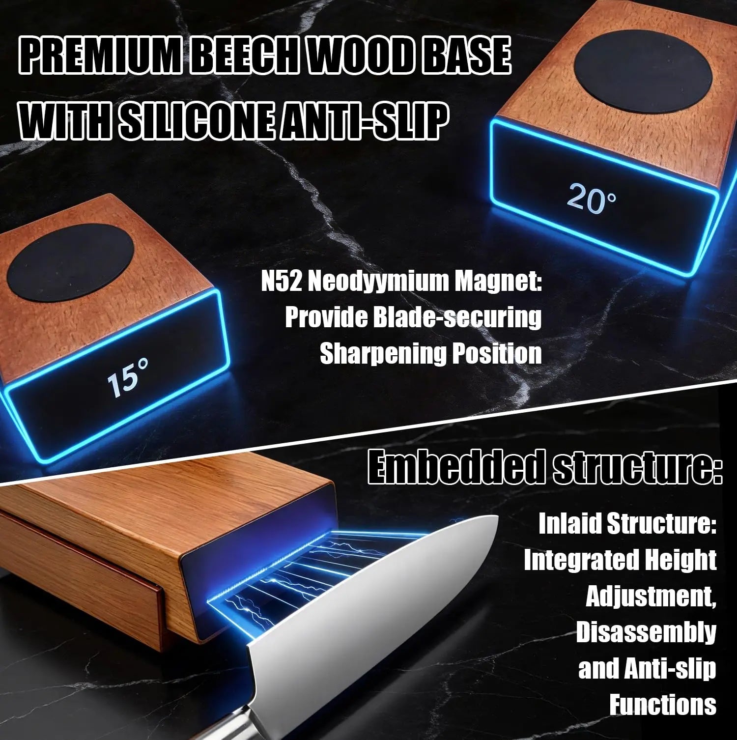 Roller-style knife sharpener, heavy-duty, with removable magnetic angle guides for 15° and 20°