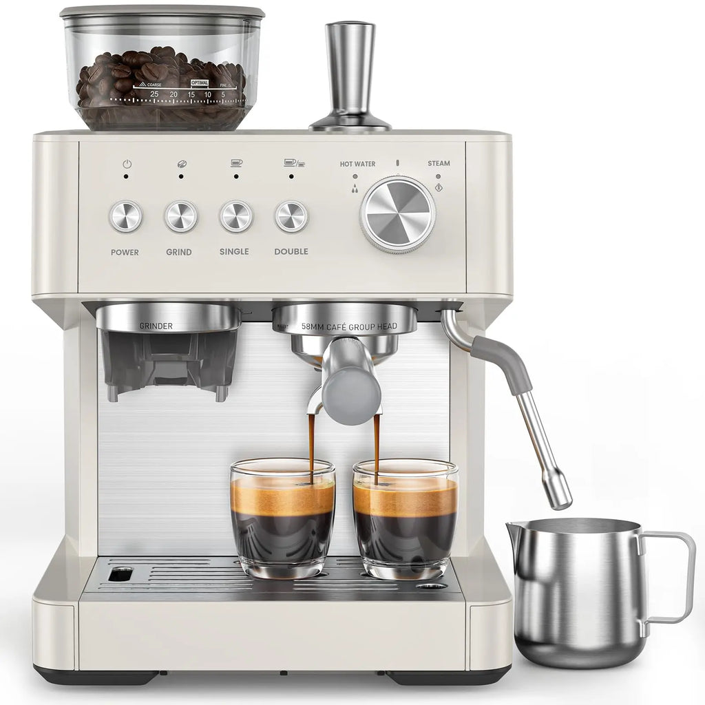 Italian espresso machine with a built-in anti-clog coffee grinder