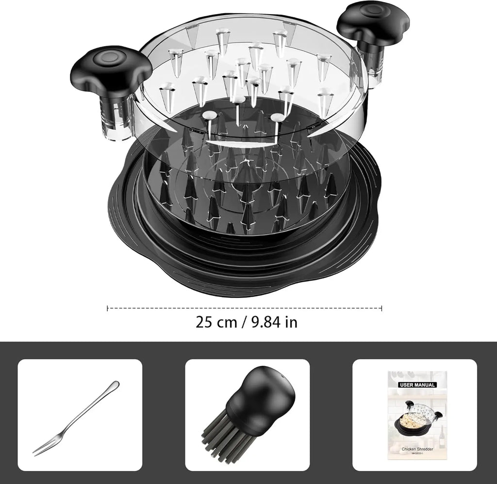 Large chicken breast shredder with a rotating design featuring a brush and fork