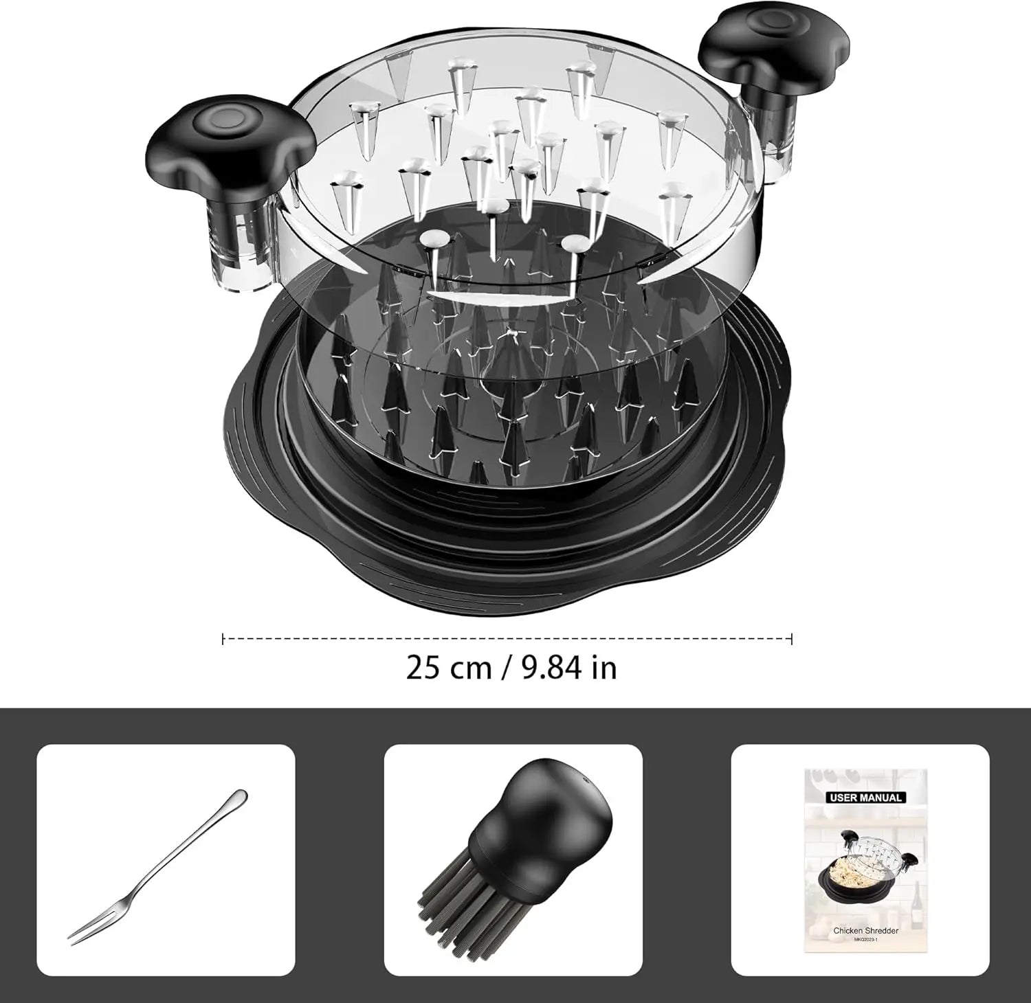 Large chicken breast shredder with a rotating design featuring a brush and fork