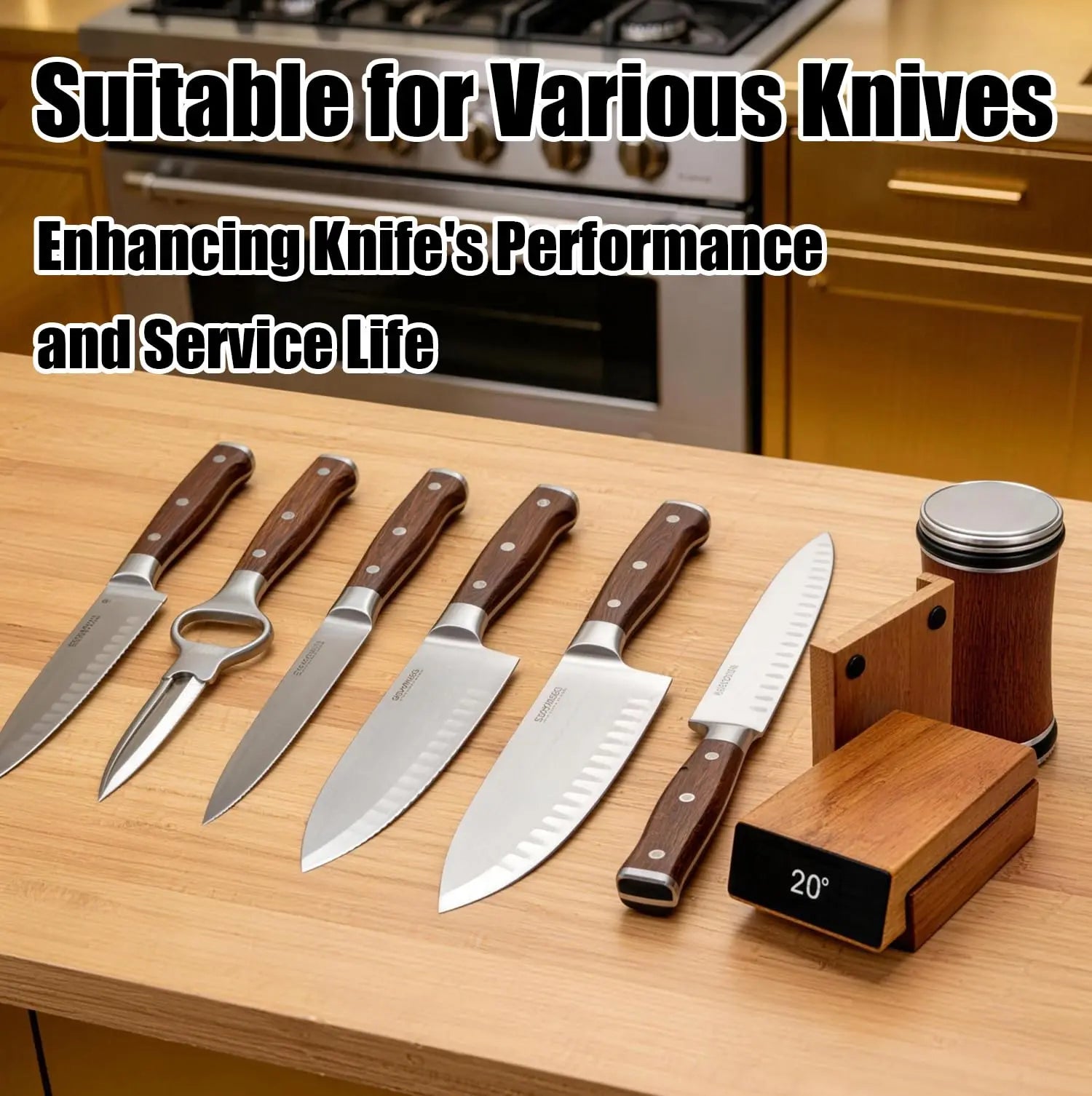 Roller-style knife sharpener, heavy-duty, with removable magnetic angle guides for 15° and 20°