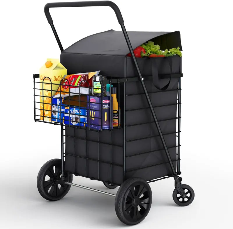 Shopping cart with waterproof lining and 360° swivel wheels | Foldable, portable, and lightweight |
