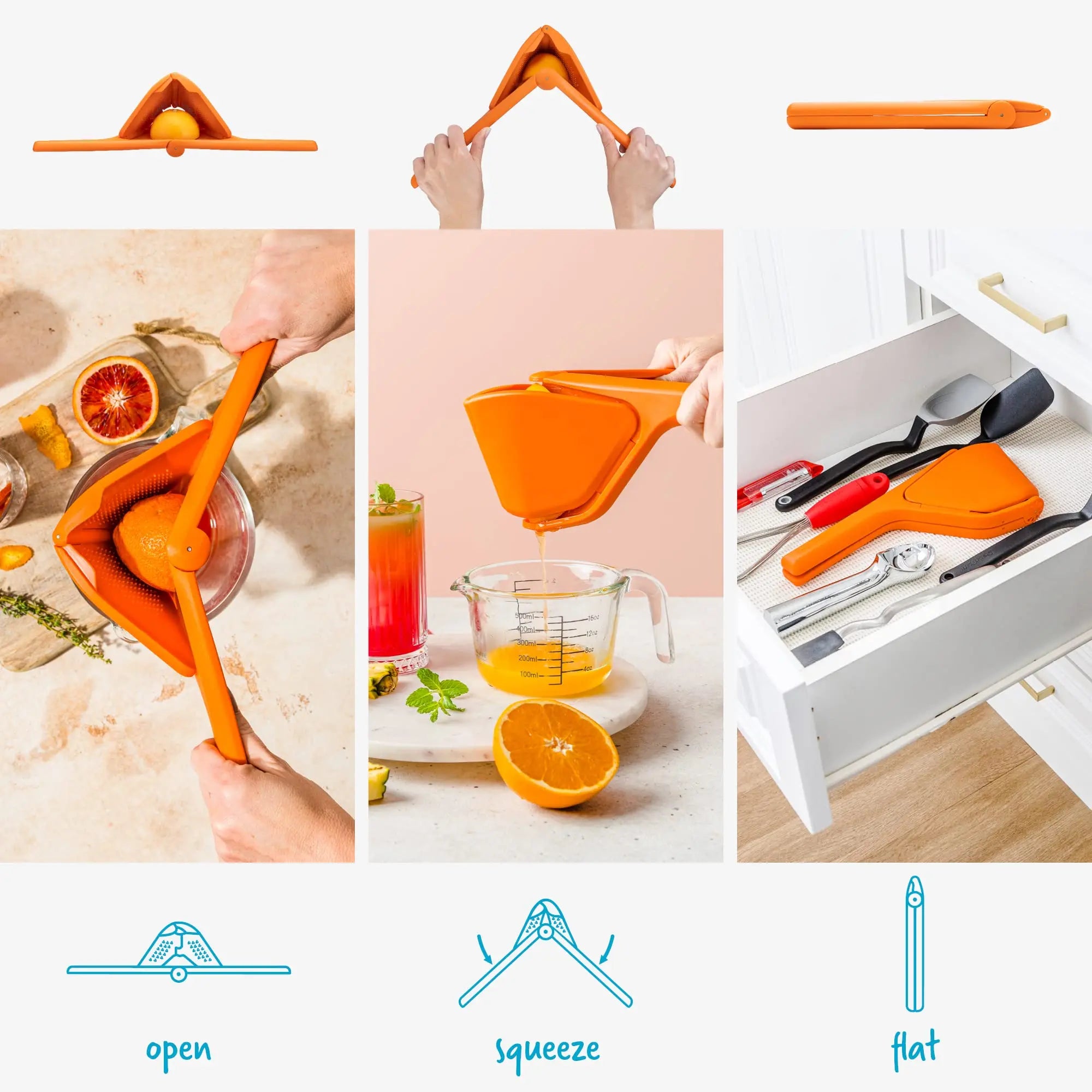 Original orange juice extractor - 11 inches, foldable and flat for storage, suitable for all citrus fruits