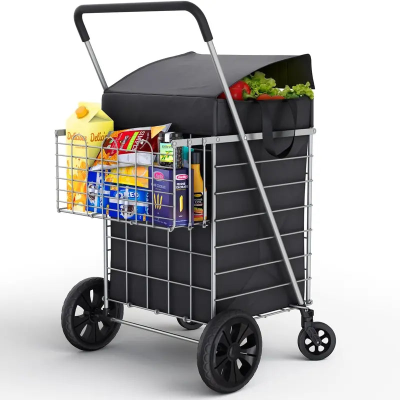 Shopping cart with waterproof lining and 360° swivel wheels | Foldable, portable, and lightweight |