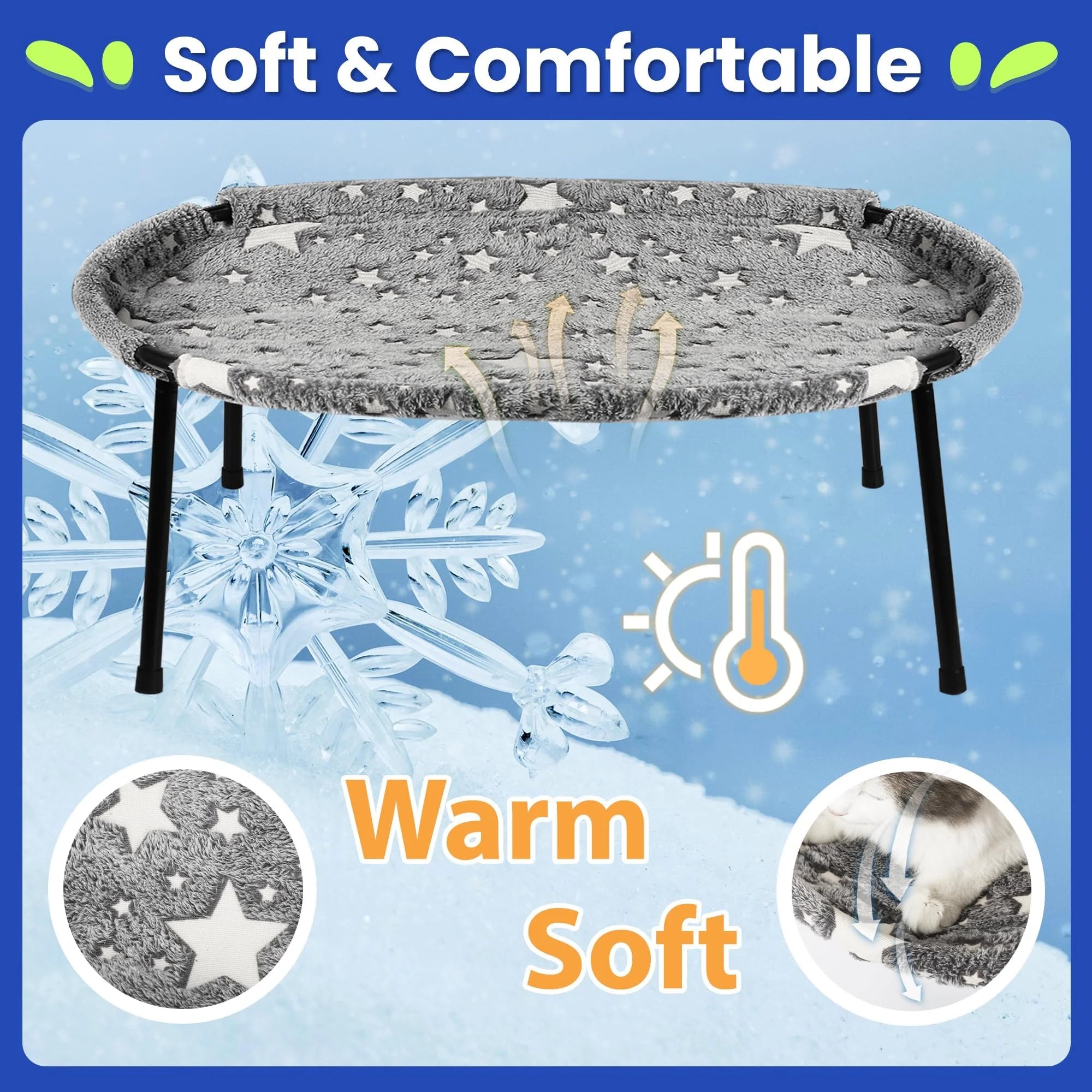 Large pet hammock—a soothing elevated pet bed designed specifically for cats and small dogs. This soft, anxiety-relieving, glow-in-the-dark indoor pet bed provides comfortable support.