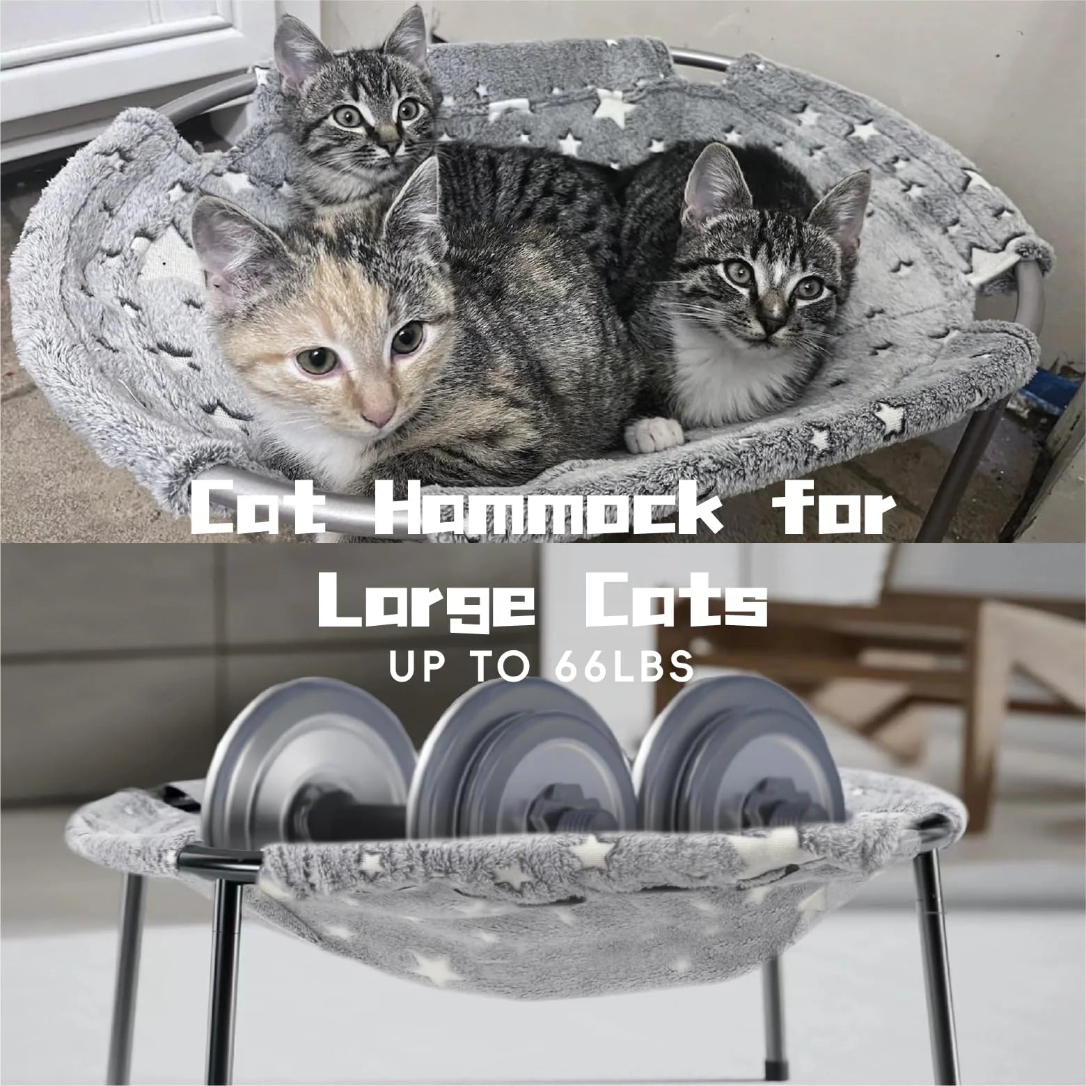 Large pet hammock—a soothing elevated pet bed designed specifically for cats and small dogs. This soft, anxiety-relieving, glow-in-the-dark indoor pet bed provides comfortable support.