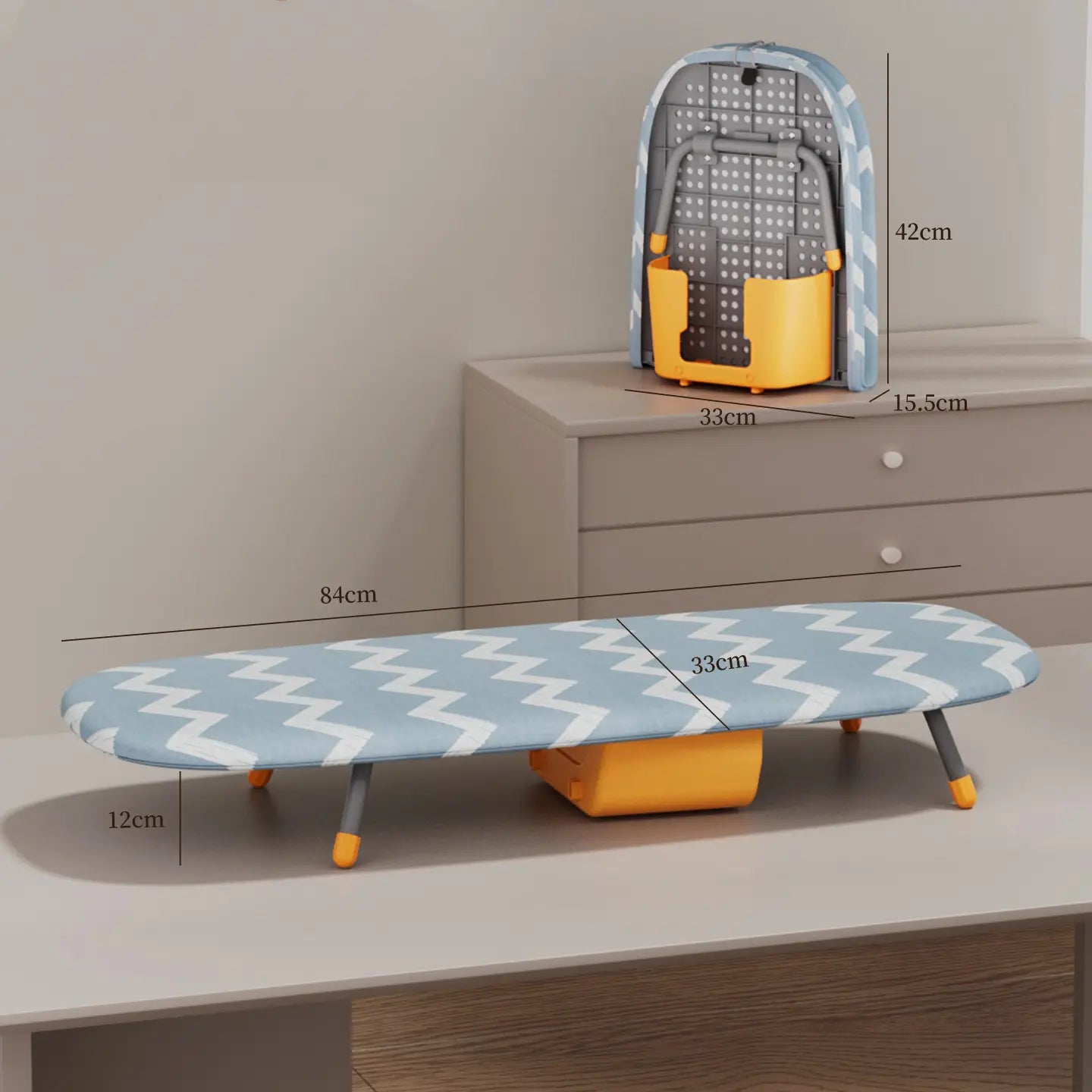 Compact Folding Tabletop Ironing Board with Iron Holder & Wall Mount, Space-Saving Grey/Yellow Design