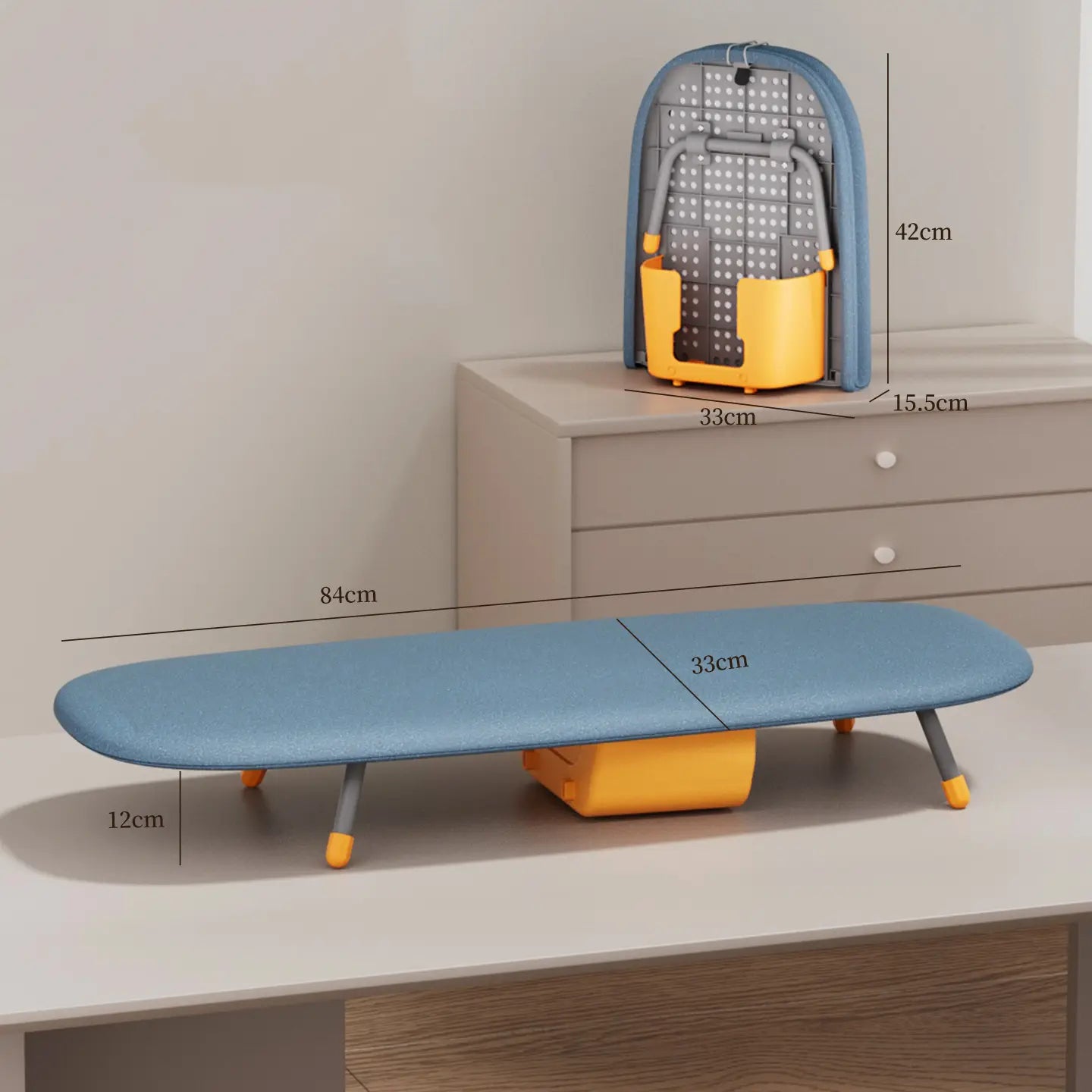 Compact Folding Tabletop Ironing Board with Iron Holder & Wall Mount, Space-Saving Grey/Yellow Design