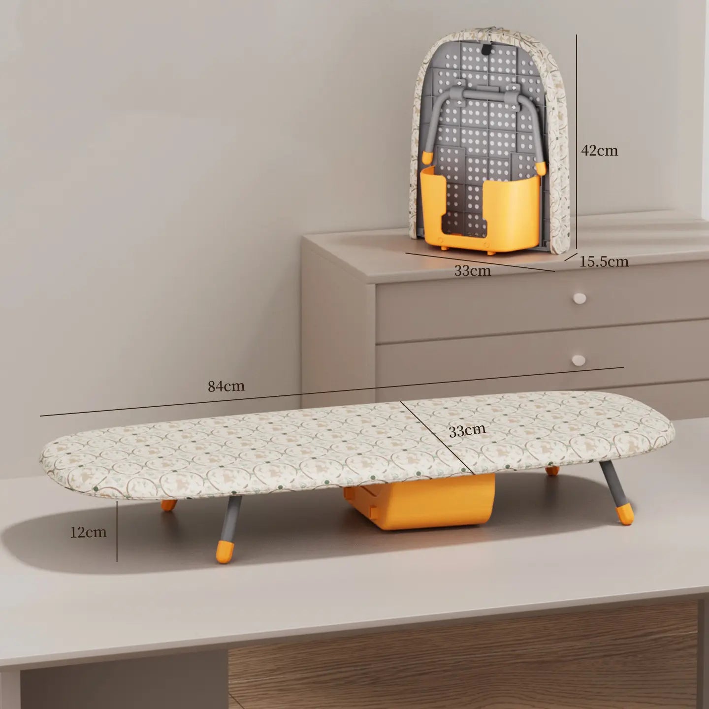 Compact Folding Tabletop Ironing Board with Iron Holder & Wall Mount, Space-Saving Grey/Yellow Design