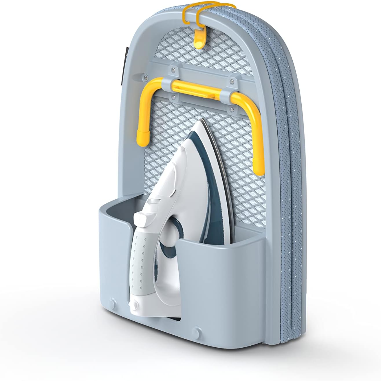 Compact Folding Tabletop Ironing Board with Iron Holder & Wall Mount, Space-Saving Grey/Yellow Design