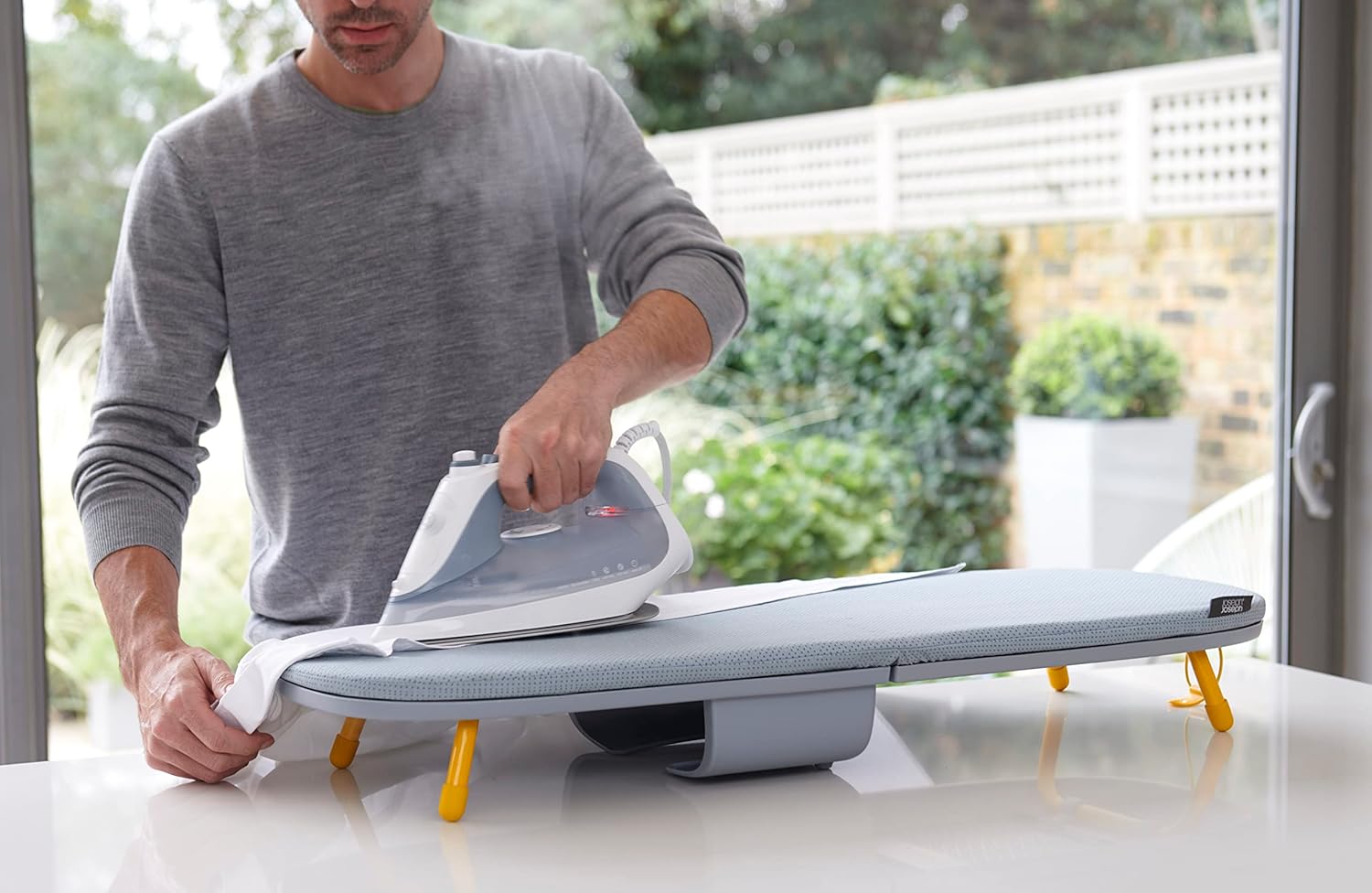 Compact Folding Tabletop Ironing Board with Iron Holder & Wall Mount, Space-Saving Grey/Yellow Design