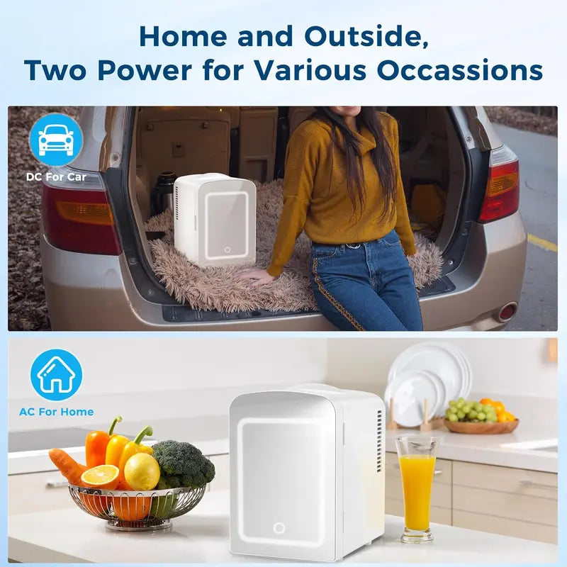 Portable Mini Makeup Fridge (with LED Mirror), 4-Liter/6-Can Capacity