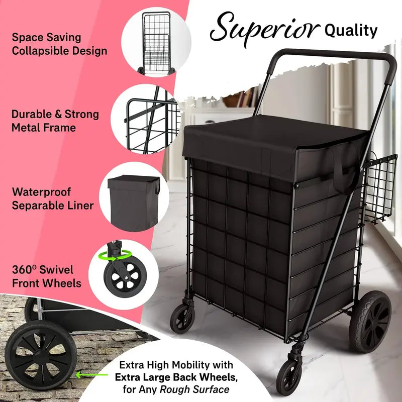 Shopping cart with waterproof lining and 360° swivel wheels | Foldable, portable, and lightweight |