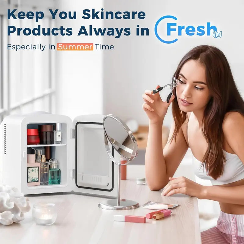 Portable Mini Makeup Fridge (with LED Mirror), 4-Liter/6-Can Capacity
